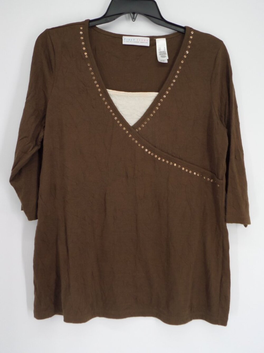First Issue Women's Fall 3/4 Sleeve Brown Color Top with Sequin Accent  Size XL